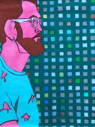 Mr Matt with Pink Flamingos; 
2019; watercolor charcoal oil pastel on paper, 24 x 18"